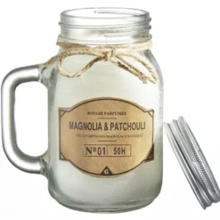 Bougie blanche dans mug en verre avec couvercle - Senteur magnolia patchouli