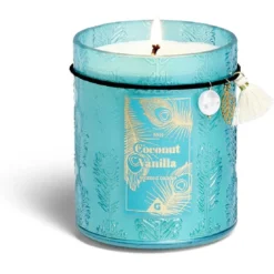 Bougie charm pampille Coconut Vanilla dans verre bleu 55H