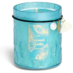 Bougie charm pampille Coconut Vanilla dans verre bleu 55H