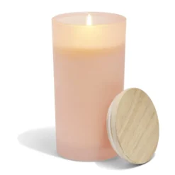 Bougie citronnelle couvercle bois verre rose Ø8xH15cm