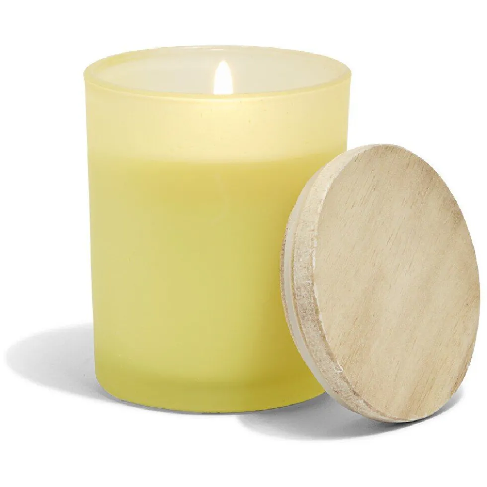 Bougie citronnelle couvercle bois verre jaune Ø7xH8,5cm