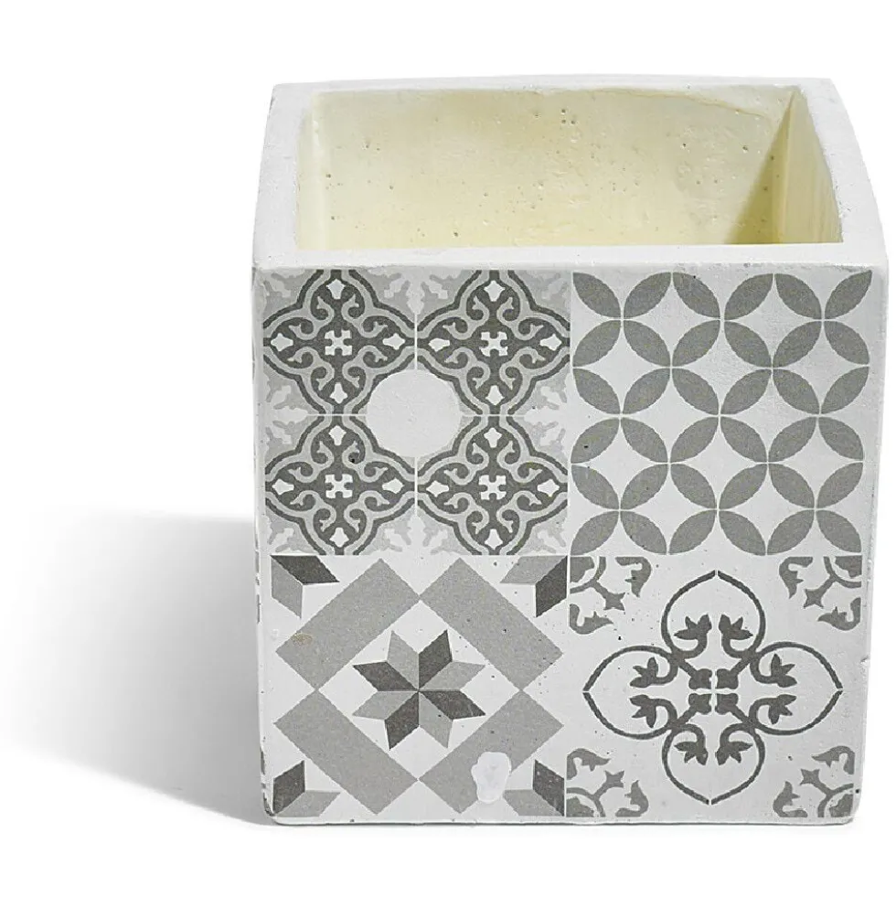 Bougie citronnelle pot ciment carré motifs carreaux gris 11x11x11cm
