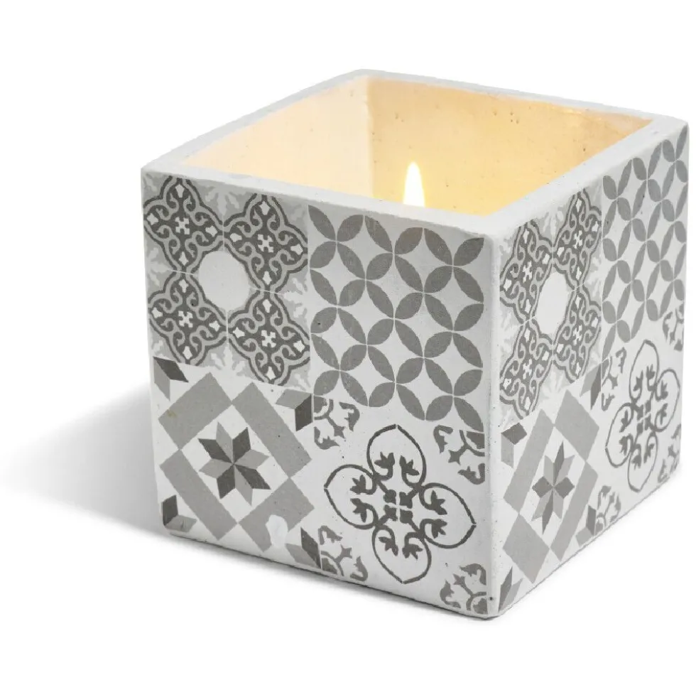 Bougie citronnelle pot ciment carré motifs carreaux gris 11x11x11cm