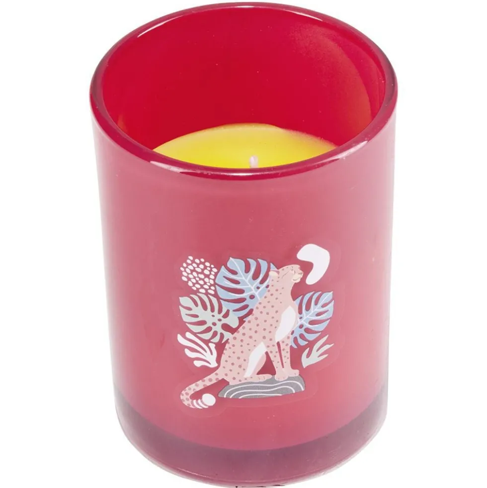 Bougie citronnelle pot en verre coloré motif tropical 28H - Ø13xH8cm