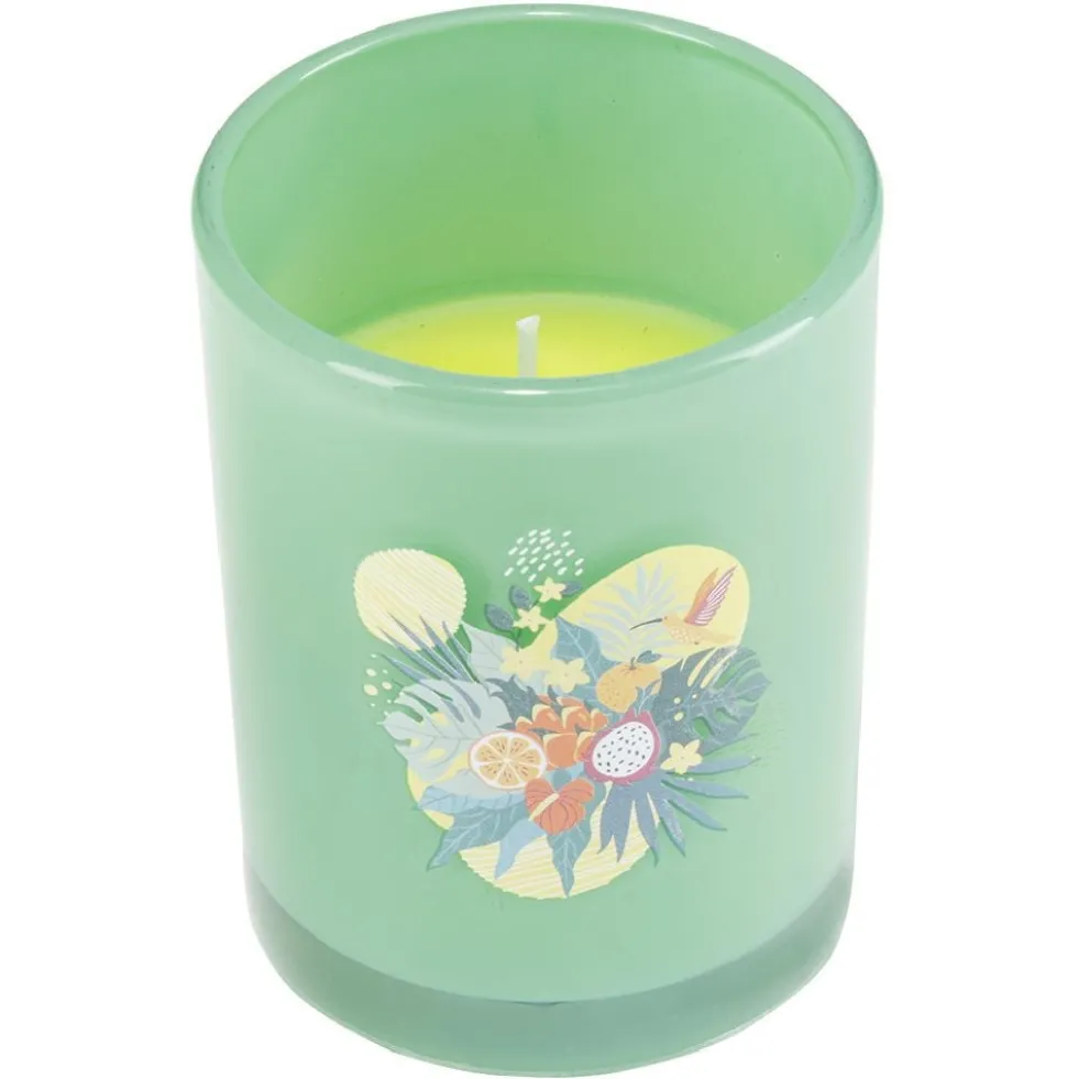 Bougie citronnelle pot en verre coloré motif tropical 28H - Ø13xH8cm