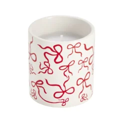 Bougie dans pot céramique blanc motif noeud rouge Ø8xH9cm (2 modèles)