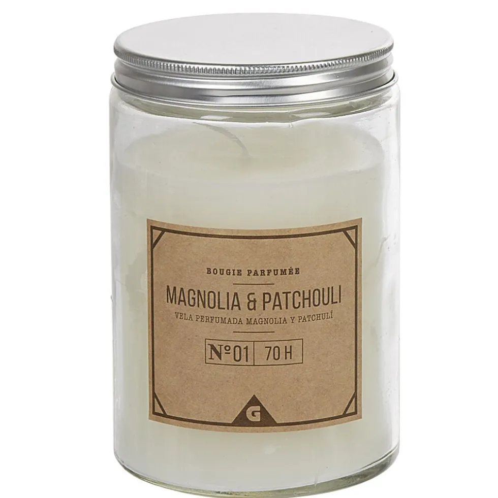 Bougie grise dans pot en pvc couvercle senteur magnolia patchouli