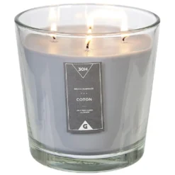 Bougie 4 mèches senteur coton gris dans verre transparent