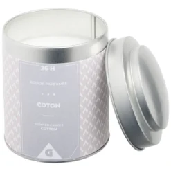Bougie parfumée dans pot en métal gris senteur coton 26H