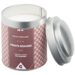 Bougie parfumée dans pot métal gris et rouge senteur fruits rouges 26H