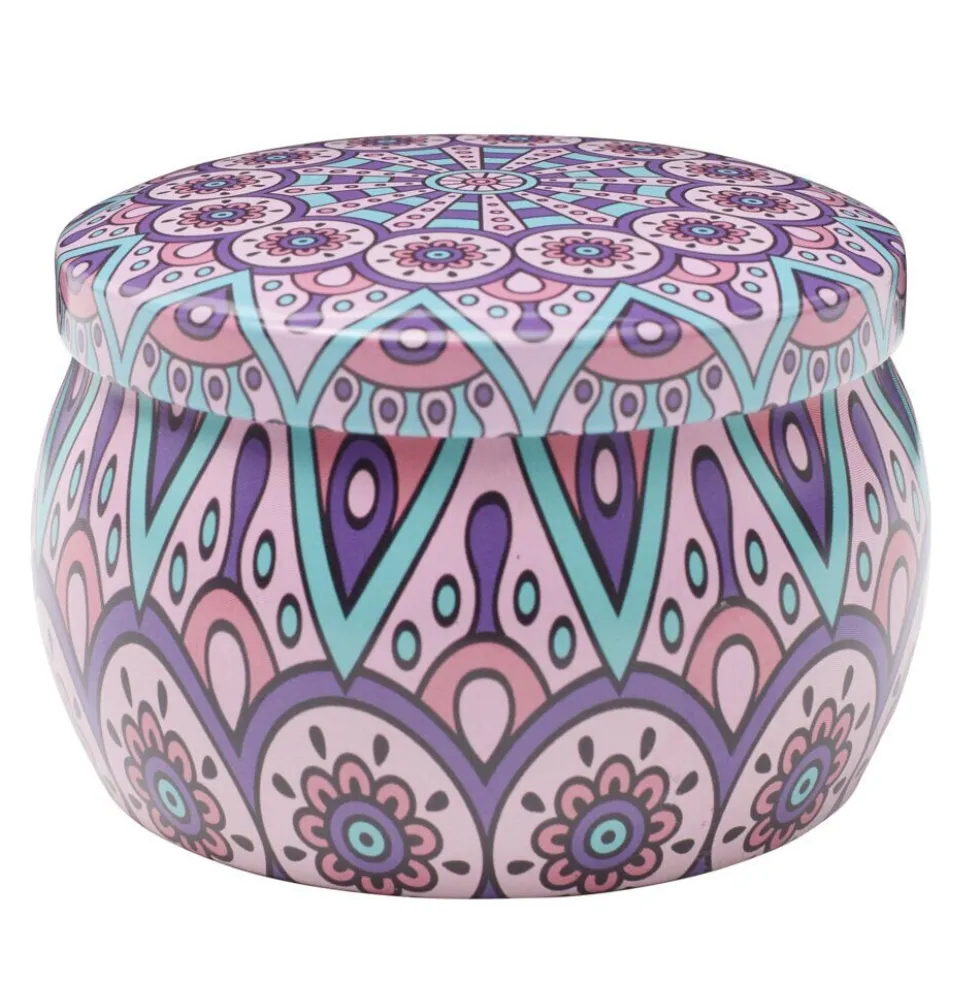 Bougie parfumée dans pot métal motif indien coloré 10H (3 modèles)