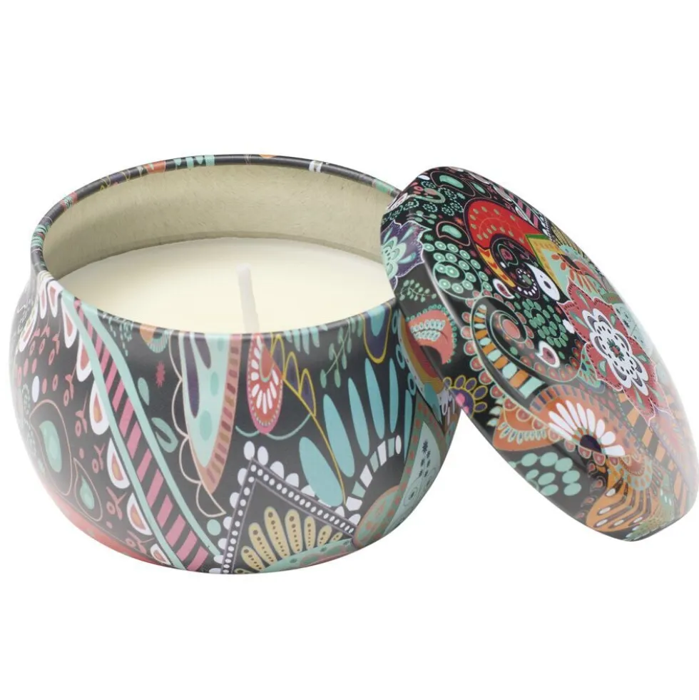 Bougie parfumée dans pot métal motif indien coloré 10H (3 modèles)