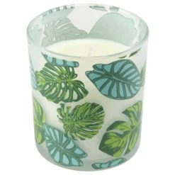 Bougie parfumée dans pot verre feuillage phosphorescent Ø8,5xH10cm (3modèles)