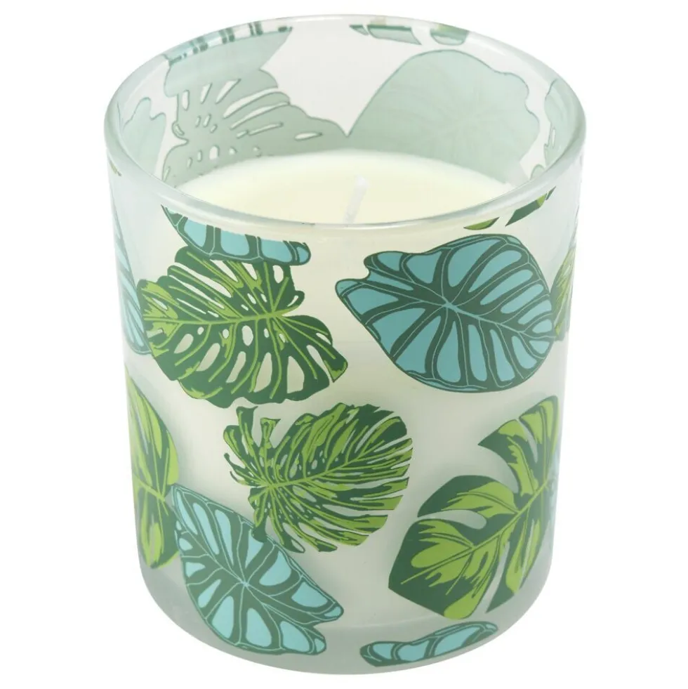 Bougie parfumée dans pot verre feuillage phosphorescent Ø8,5xH10cm (3modèles)