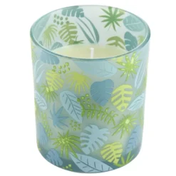 Bougie parfumée dans pot verre feuillage phosphorescent Ø8,5xH10cm (3modèles)