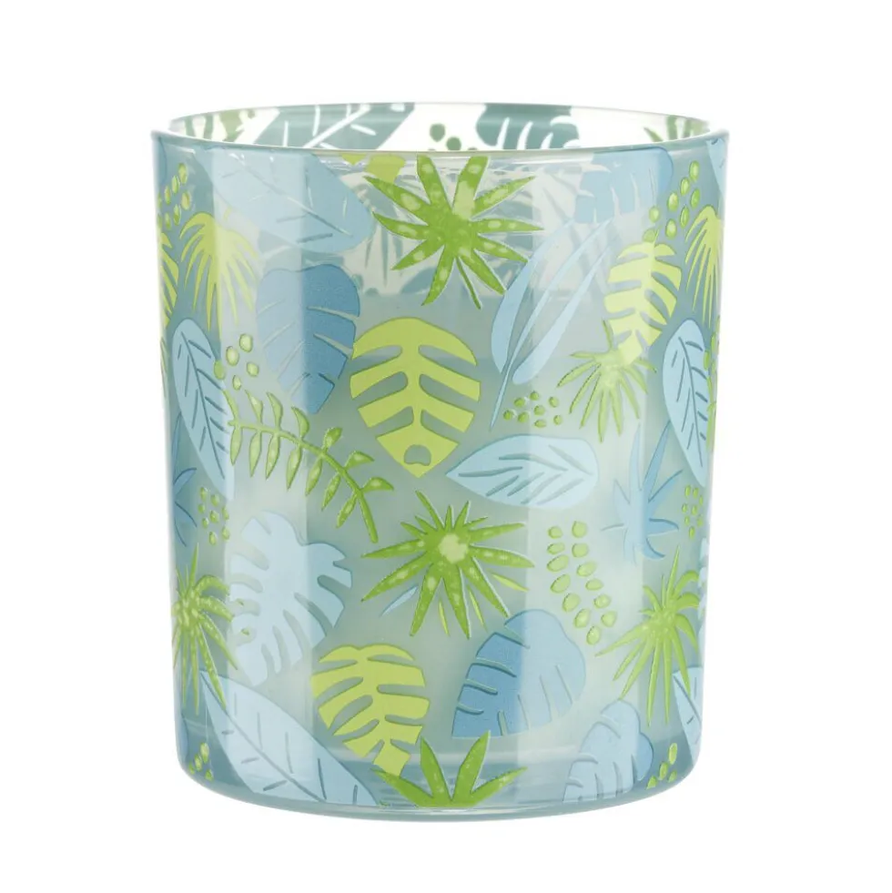Bougie parfumée dans pot verre feuillage phosphorescent Ø8,5xH10cm (3modèles)