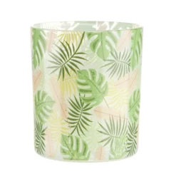 Bougie parfumée dans pot verre feuillage phosphorescent Ø8,5xH10cm (3modèles)