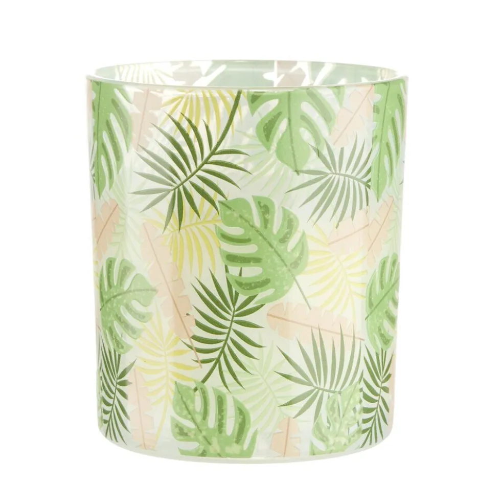 Bougie parfumée dans pot verre feuillage phosphorescent Ø8,5xH10cm (3modèles)