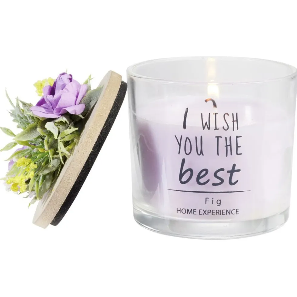 Bougie parfumée dans verre couvercle bois fleur message Ø8xH11cm