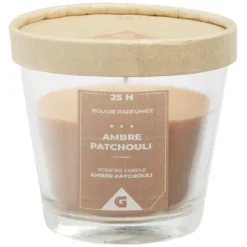 Bougie parfumée dans verre senteur ambre patchouli Ø9xH8,3cm 25H