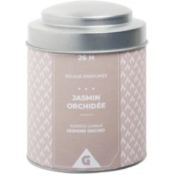 Bougie parfumée pot métal gris et beige senteur jasmin orchidée 26H