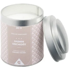 Bougie parfumée pot métal gris et beige senteur jasmin orchidée 26H