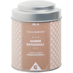 Bougie parfumée pot métal gris et moutarde senteur ambre patchouli 26H