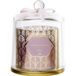 Bougie parfumée rose sous cloche transparent doré