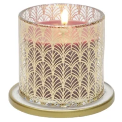 Bougie parfumée rouge sous cloche transparent doré