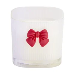 Bougie pot en verre strié avec noeud décoratif 7x7xH6,5cm (2 modèles blanc ou rose)