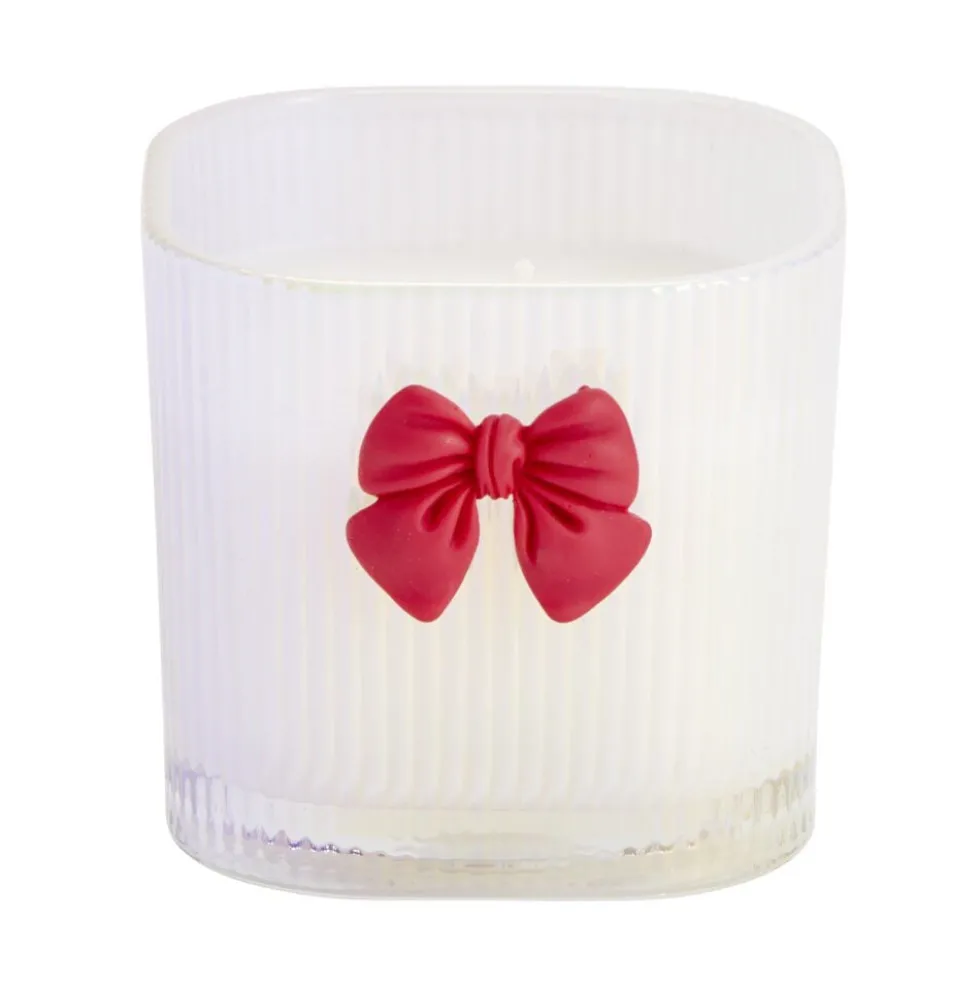 Bougie pot en verre strié avec noeud décoratif 7x7xH6,5cm (2 modèles blanc ou rose)