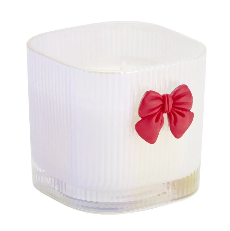Bougie pot en verre strié avec noeud décoratif 7x7xH6,5cm (2 modèles blanc ou rose)