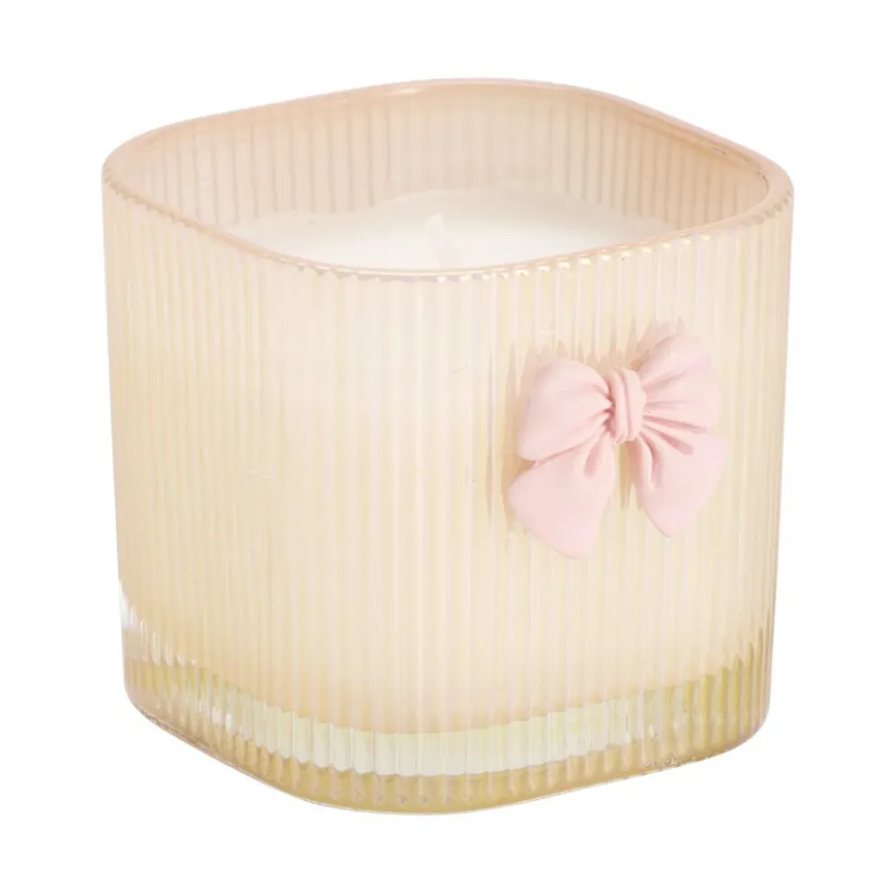 Bougie pot en verre strié avec noeud décoratif 7x7xH6,5cm (2 modèles blanc ou rose)