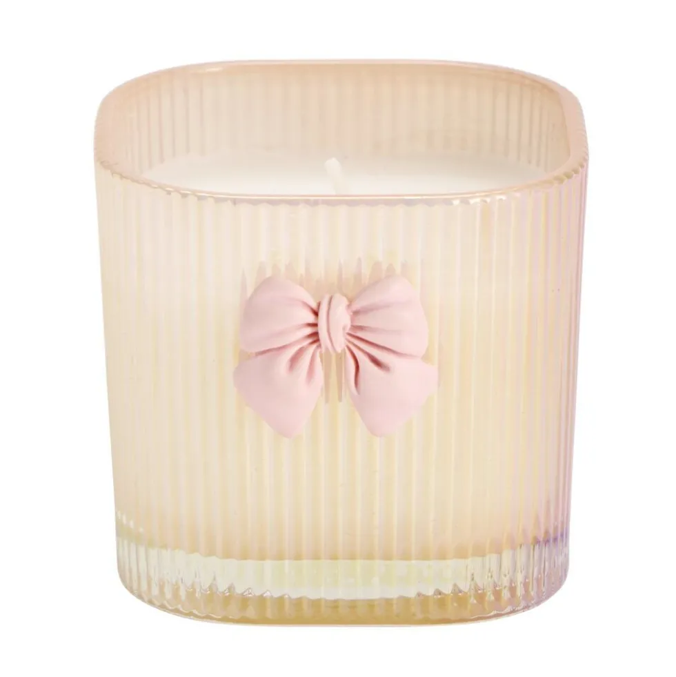 Bougie pot en verre strié avec noeud décoratif 7x7xH6,5cm (2 modèles blanc ou rose)