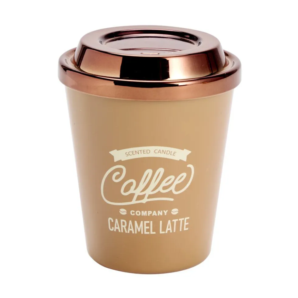 Bougie pot forme tasse café avec couvercle métallisé Ø9,5xH11cm (3 modèles)