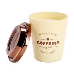 Bougie pot forme tasse café avec couvercle métallisé Ø9,5xH11cm (3 modèles)