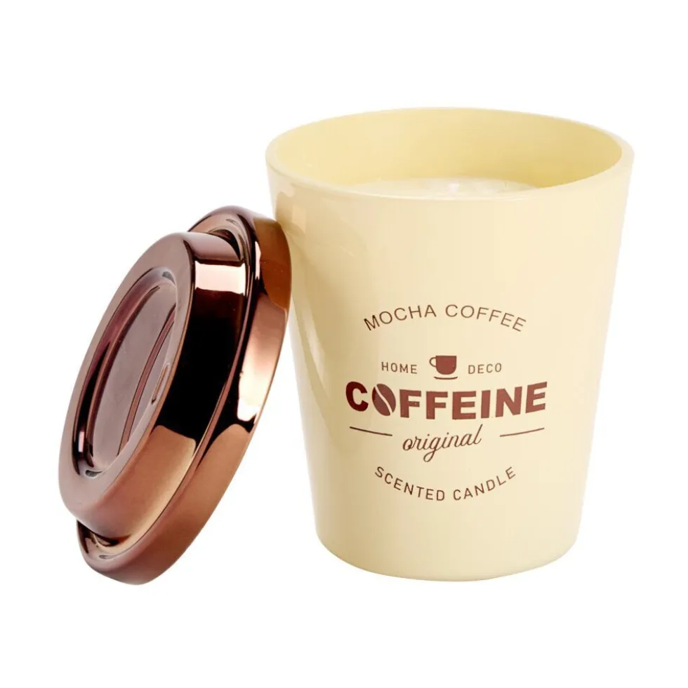 Bougie pot forme tasse café avec couvercle métallisé Ø9,5xH11cm (3 modèles)
