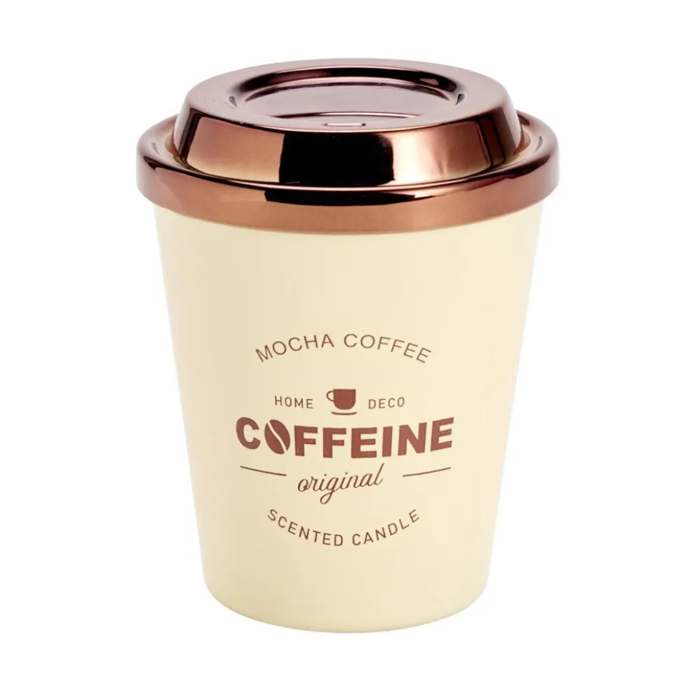 Bougie pot forme tasse café avec couvercle métallisé Ø9,5xH11cm (3 modèles)