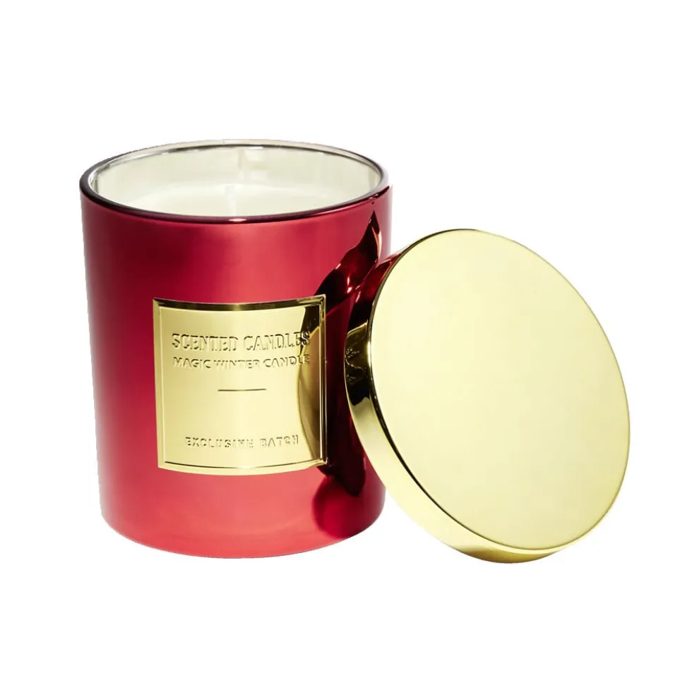 Bougie ronde avec couvercle dans verre métallisé rouge H9cm