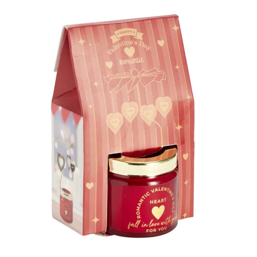 Bougie Saint Valentin dans verre rouge couvercle doré Ø6xH6cm