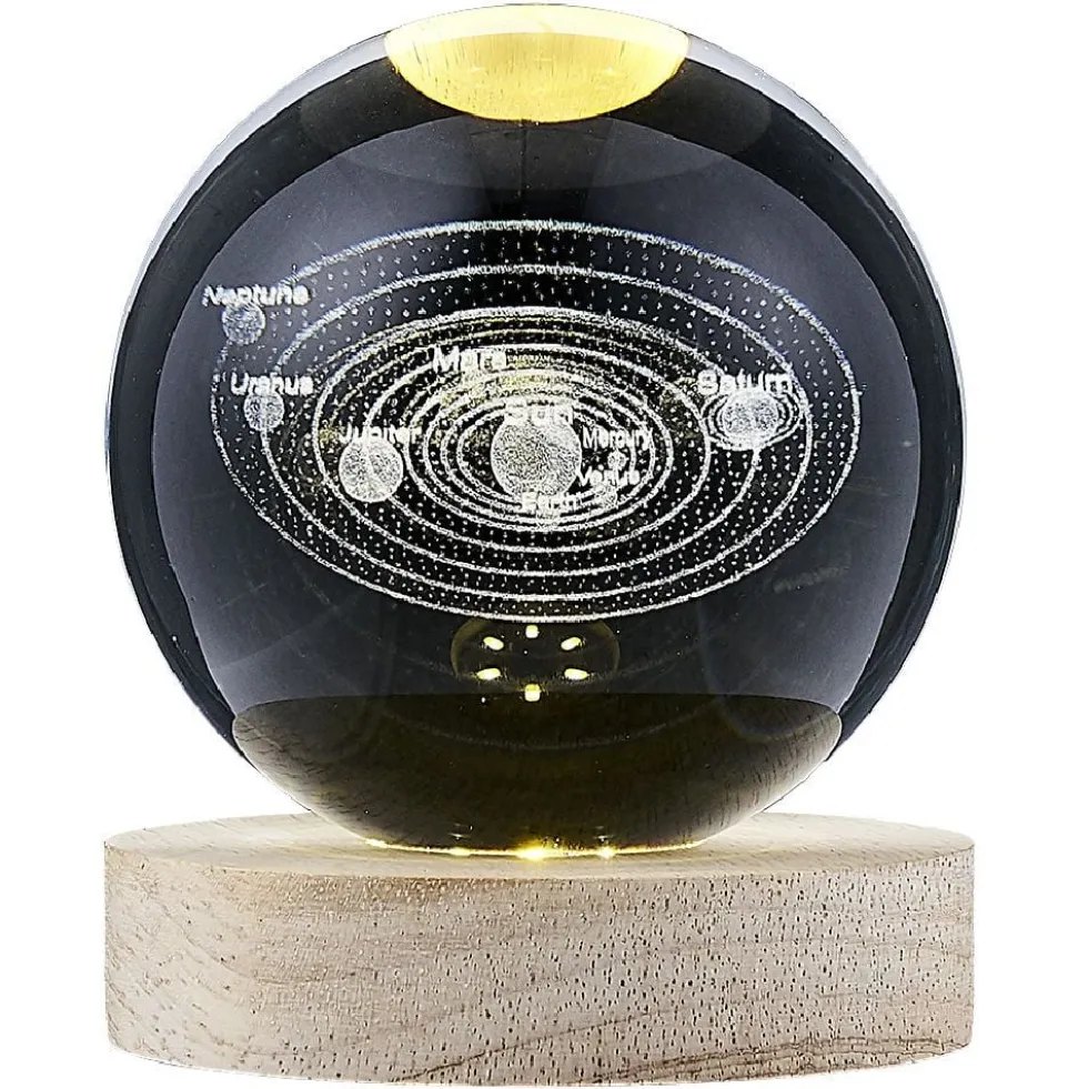 Boule de cristal gravée socle LED thème astro Ø9xH10cm
