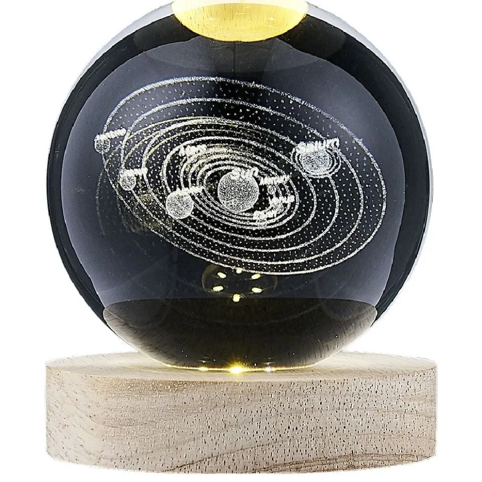 Boule de cristal gravée socle LED thème astro Ø9xH10cm