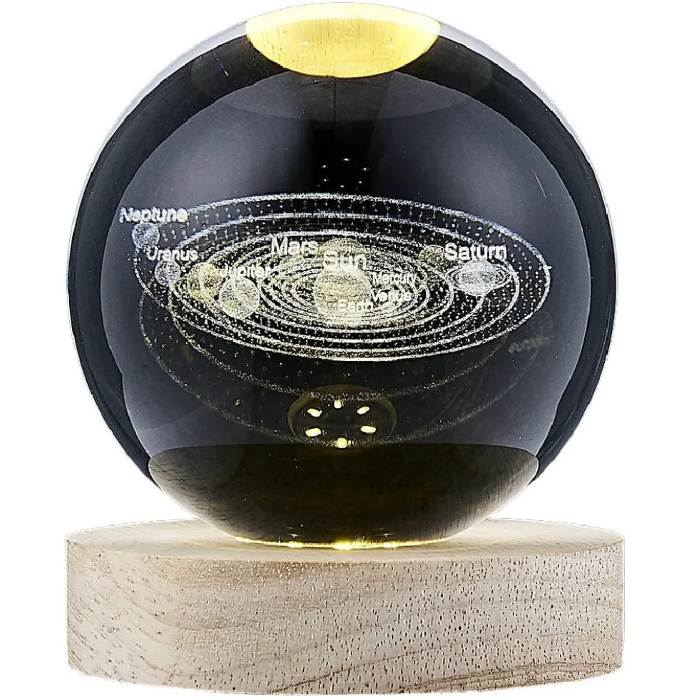 Boule de cristal gravée socle LED thème astro Ø9xH10cm
