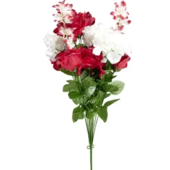 Bouquet fleurs artificielles hortensia/rose/delphinium rouge et blanc H62cm
