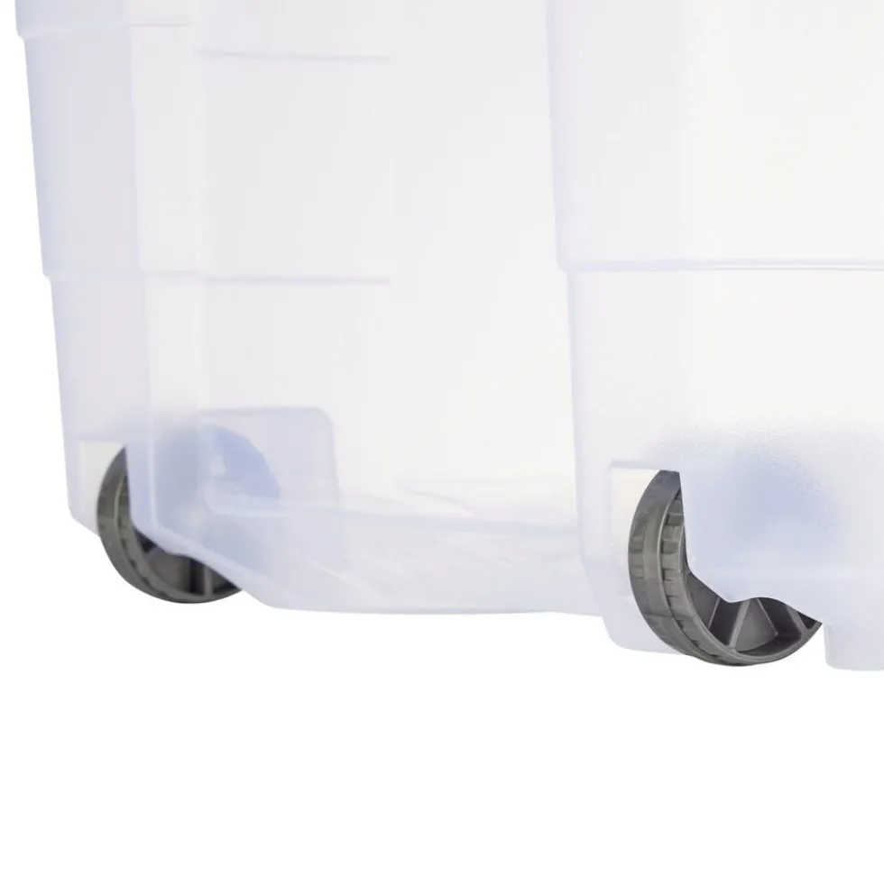 Box de rangement 80L plastique transparent 4 roues couvercle malin bleu 79x39xH36cm