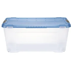 Box de rangement 80L plastique transparent 4 roues couvercle malin bleu 79x39xH36cm