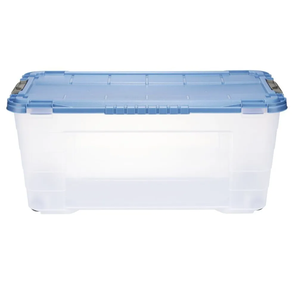 Box de rangement 80L plastique transparent 4 roues couvercle malin bleu 79x39xH36cm