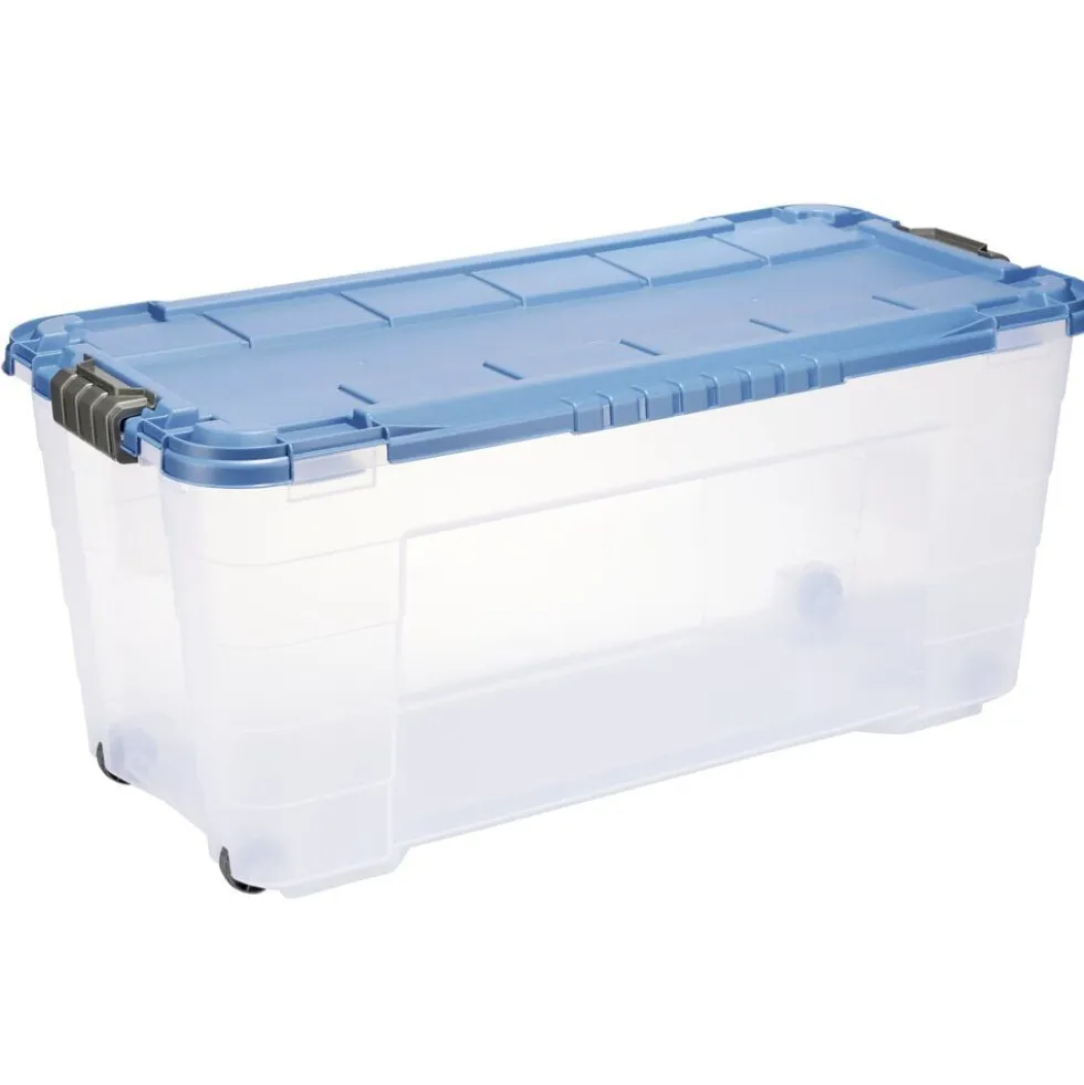 Box de rangement 80L plastique transparent 4 roues couvercle malin bleu 79x39xH36cm