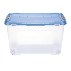 Box de rangement 60L plastique transparent 4 roues couvercle malin bleu 59x39xH36cm