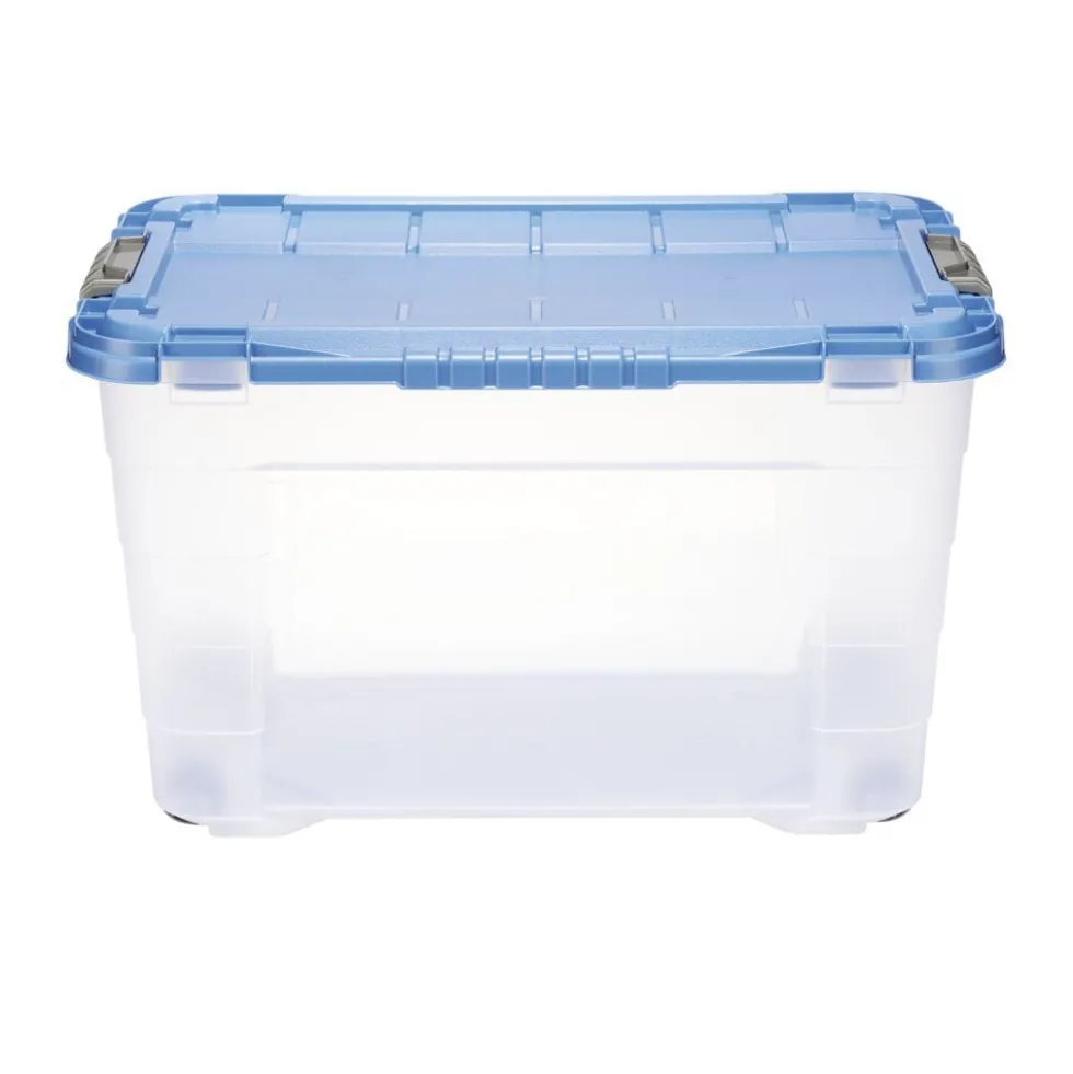 Box de rangement 60L plastique transparent 4 roues couvercle malin bleu 59x39xH36cm